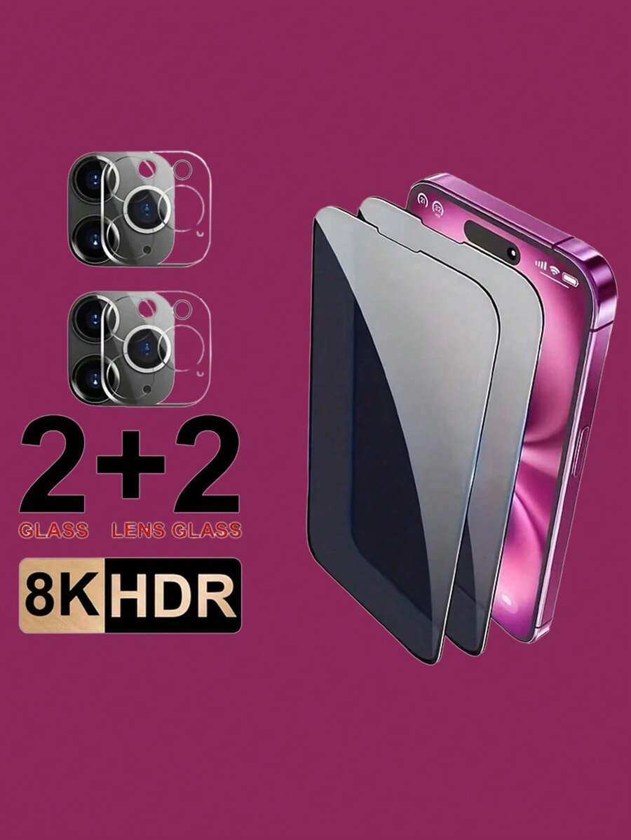 2 piezas de protector de pantalla antiespiado para teléfono móvil + 2 piezas de protector de lente para iPhone 16 Pro Max/16 pro/16 Plus/16e/15 pro Max/15 pro/14/13. Protector de pantalla de privacidad, película protectora antiespiado, sin huellas dactilares/sin interferencia en la pantalla táctil/protección de privacidad a prueba de polvo, recubrimiento antihuellas, mayor durabilidad, accesorios fáciles de instalar para teléfonos móviles.