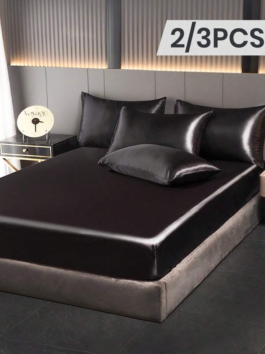 2/3pcs Fitted Sheet Set, Bedding Set, Satin Bed Sheet Set, Mattress Cover Set, Solid Color Skin-Friendly Bed Cover Set, Lightweight And Silky Smooth, Soft And Comfortable Bedding For Bedroom, Mattress Protector For Bedroom Decor, 1 Bed Sheet With 1/2 Pillowcases, Deep Pocket, For Single/Twin/Full/King/Queen Bed Sizes, Machine Washable, For Father's Day Gift, Perfect Holiday Gift