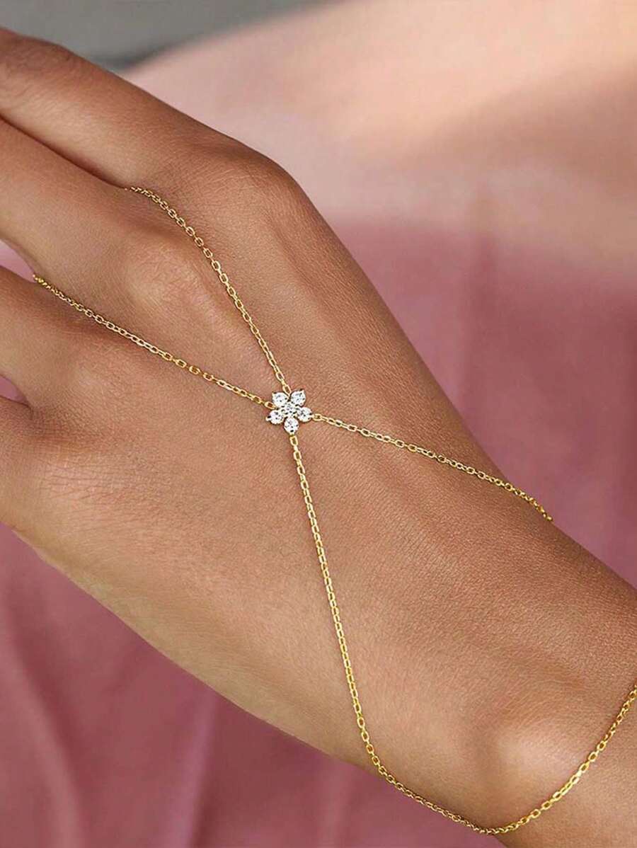 1 pieza Pulsera de dedo con conexión de color dorado y rhinestones, joyería elegante y de moda para mujer, cadena de mano para novia