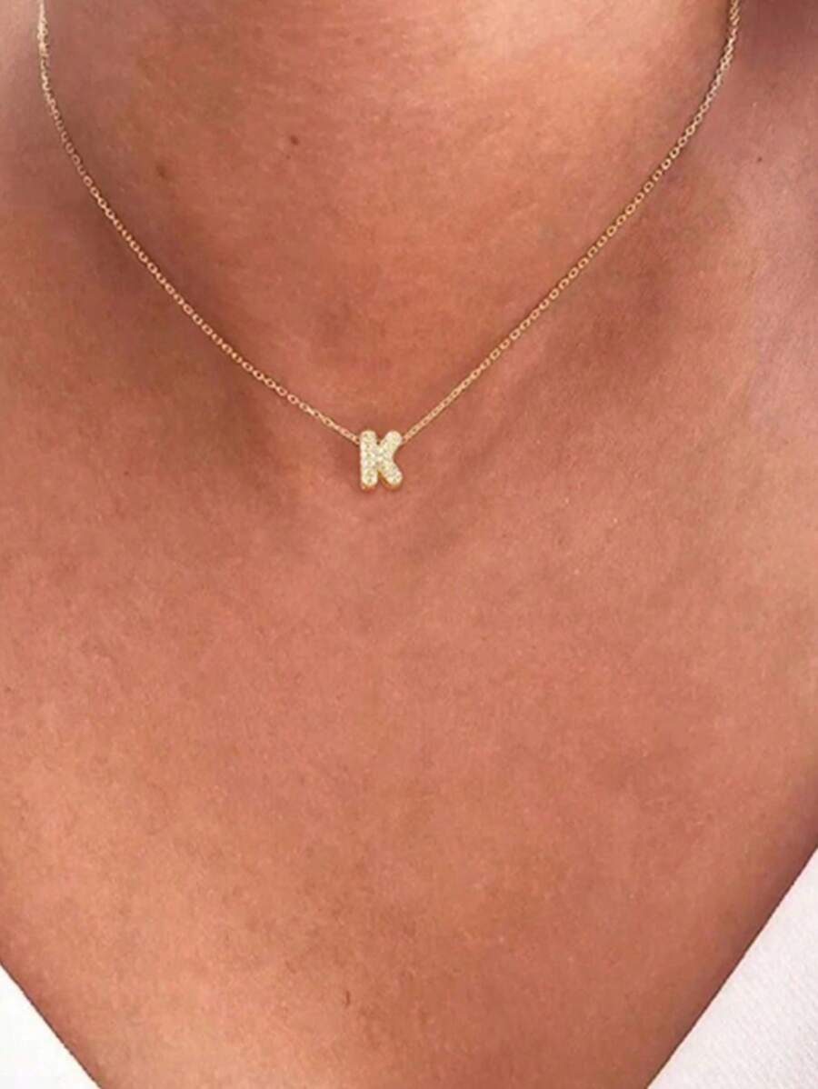 1pc New Simple Pave Zirconia Bubble Initial Pendant Gold Color Stainless Steel Chain Necklace For Women