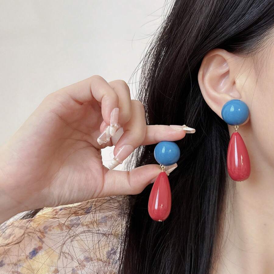 1 Pair Retro-Style Earrings With Vivid Red And Blue Contrast Colors, Stylish And High-End Versatile Women Earrings