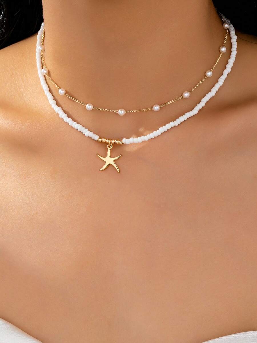 2 Pcs Summer Bohemia Style Boho Layering Necklaces Set , Starfish Pendant , Women Ocean Style Vocation Vibes Bohemia Necklace Jewelry Suitable For Beach , Daily Wear