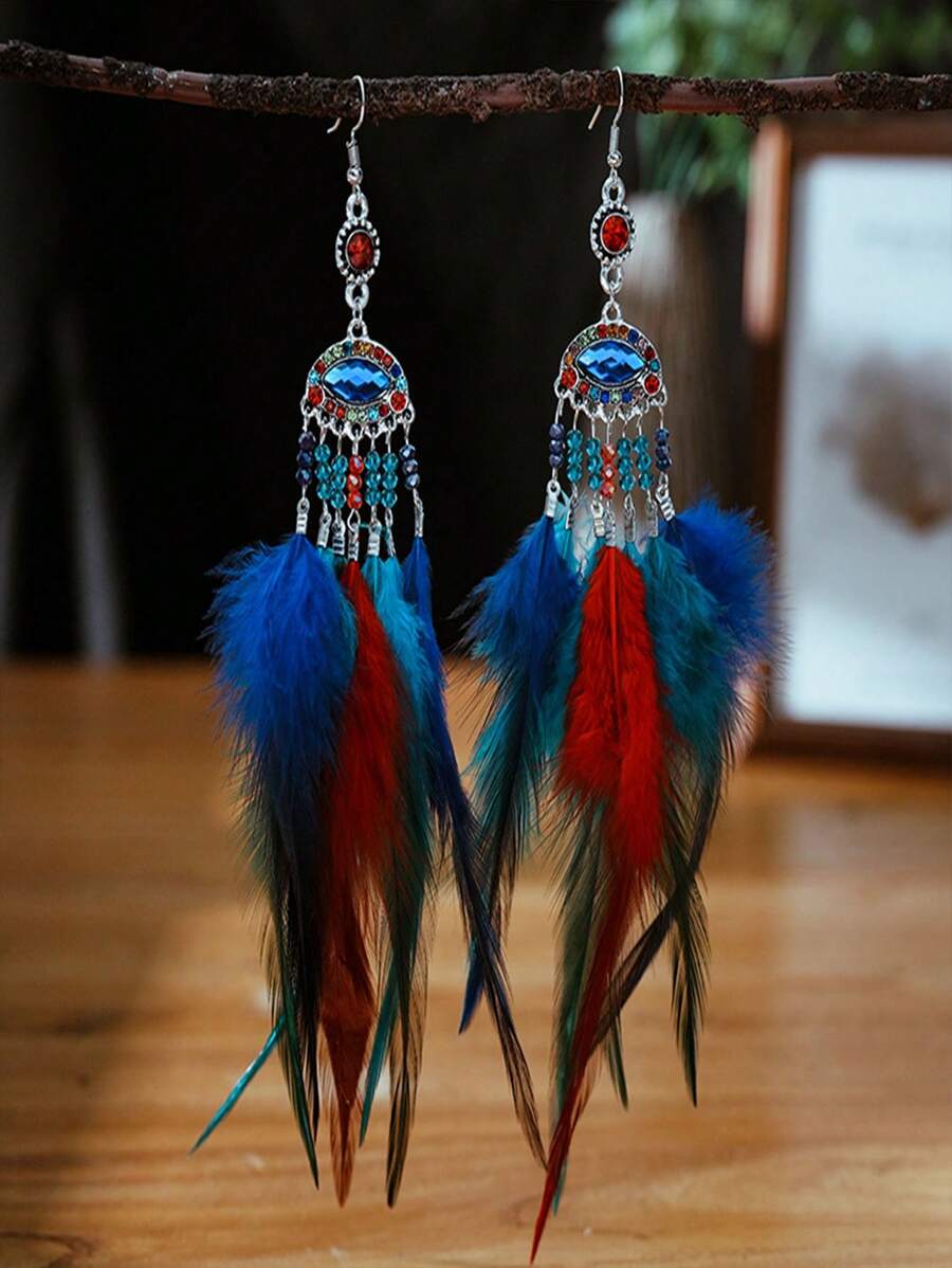 Brincos de Cristal e Pena em Estilo Palácio Retrô, Brincos Elegantes de Borla com Degradê Ombre Super Fada, Acessórios Elegantes para Mulheres