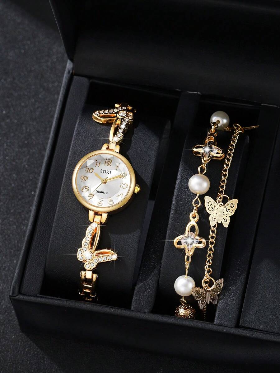 SOKI Relógios femininos pequenos, elegantes e modernos, vintage, de quartzo, com mostrador redondo simples, pulseira de liga em formato de borboleta criativa, pulseira de strass com padrão de borboleta, adequado para uso diário e presentes de Natal (sem caixa)
