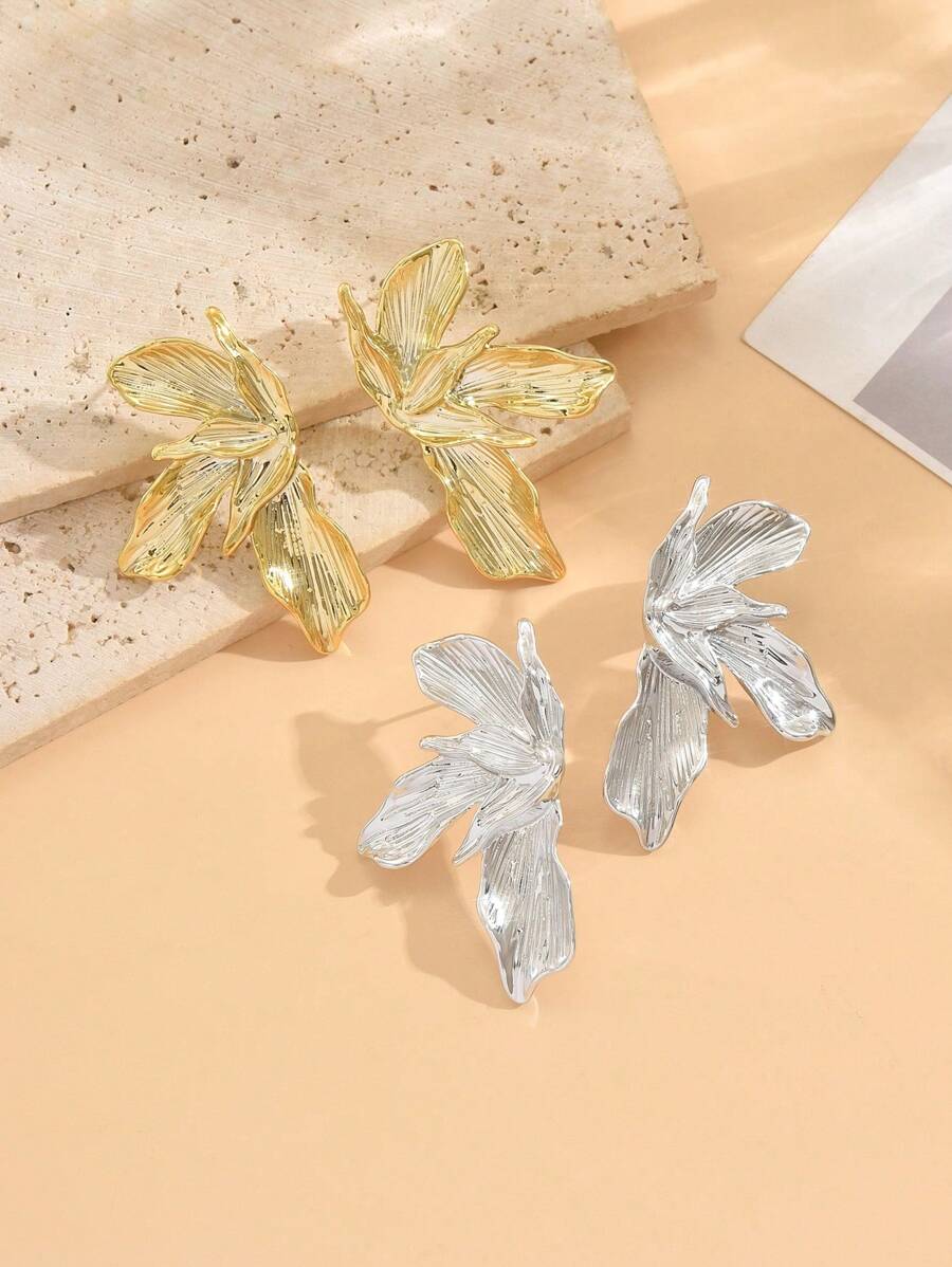 1 Pair Retro Double Layer Five Petal Flower Earrings & Striped Leaf Earrings