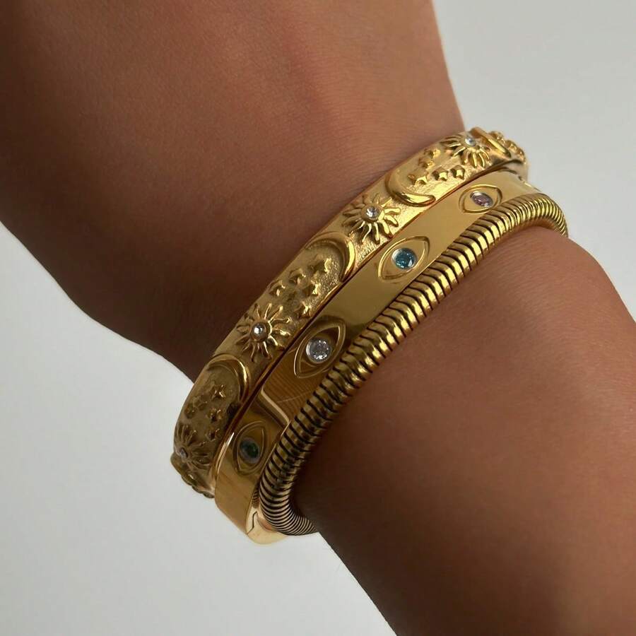 S SHOPBOHO 1 Peça Bracelete Rígido com Olho Grego Dourado 18k, Diamante, Sol Gravado, Folheado a Ouro, À Prova d'Água, Pulseira de Aço Inoxidável
