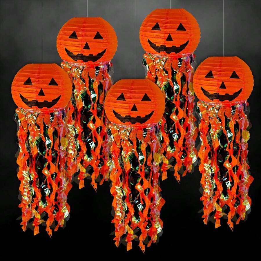1/3/5pcs Pumpkin Paper Lanterns Are Used For Halloween Party Decoration. Orange And Black Hanging Paper Lanterns Are Suitable For Adult Birthdays, Weddings, Graduation, Indoor And Outdoor Gardens, And Home Decoration