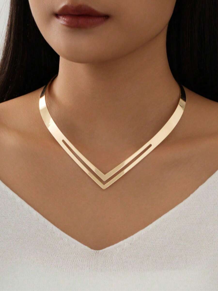 1 pièce Collier ras-du-cou minimaliste à la mode en métal creux à deux couches en forme de V, convient pour un usage quotidien, les fêtes et diverses occasions