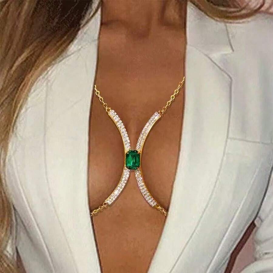 Vintage Square Green Synthetic Gem Chest Chain Body Jewelry With Shiny Transparent Gems - Golden Bikini Top Accessory, Suitable For Women's Daily Wear And Gifts