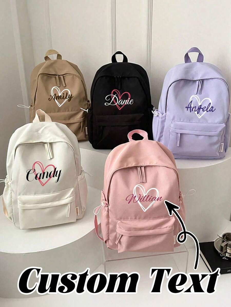 1 pieza Mochila personalizable con estampado de corazón y letras, mochila escolar de unicolor elegante y versátil, adecuada para uso diario, mochila, mochila escolar, mochila, bolsa escolar, bolso, bolsa perfecta para la escuela y la graduación, pequeña mochila rosa, regalo encantador para el regreso a clases