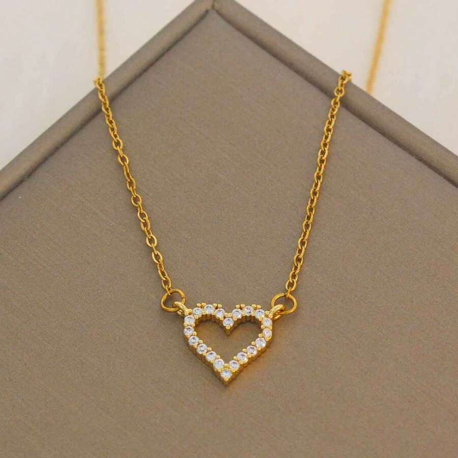 Heart Zirconia Necklace For Women, Gold-Plated CZ Bricks Dainty Necklace, Double Layered Heart-Shaped Zirconia Necklace, Layered CZ Beaded Jewelry Gifts For Girls