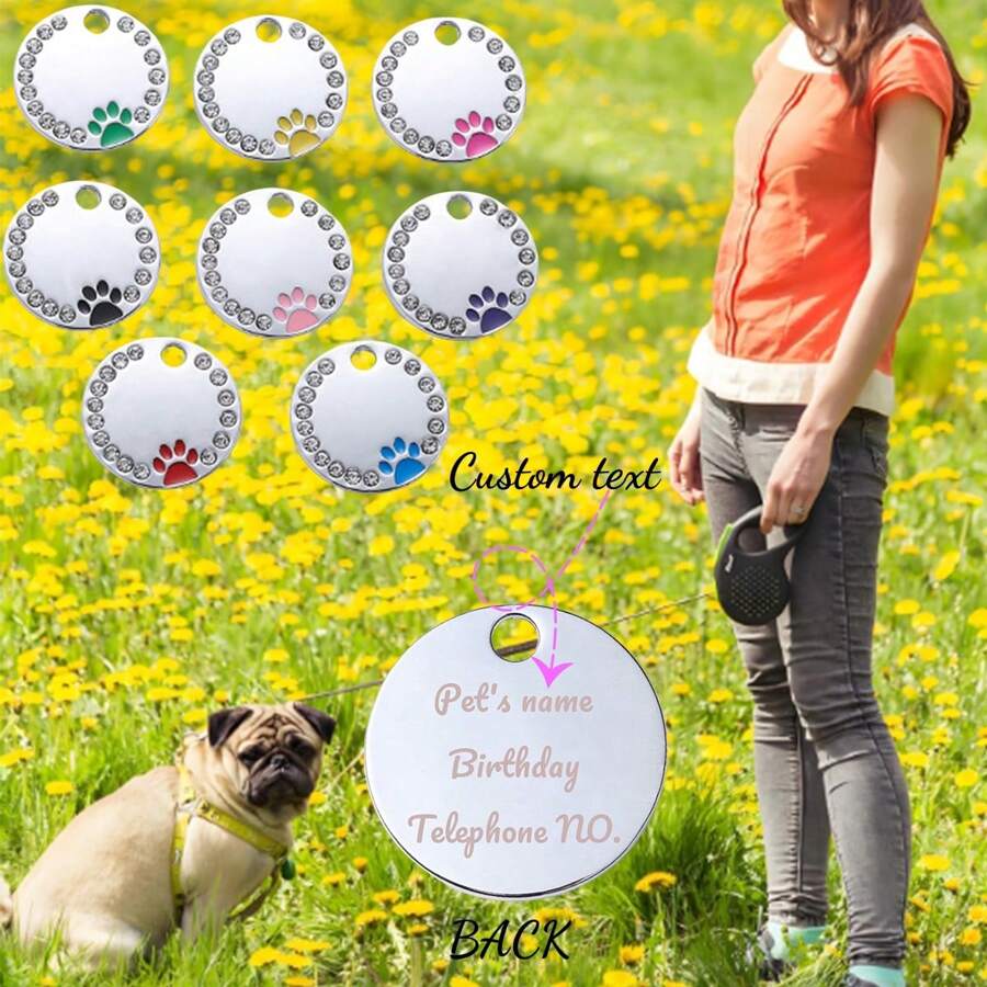 Customized Pet Supplies - Can Be Engraved With Name, Phone Number, Etc. 1pc Round Rhinestone Paw Print Pet Tag, Cute Dog Pendant Decoration