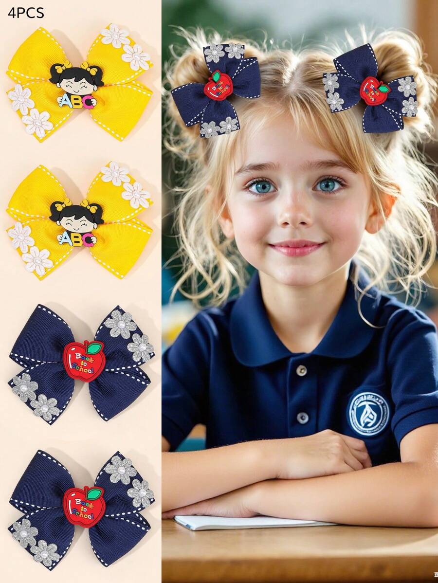 4 pezzi Accessori per il ritorno a scuola, fiocchi per capelli decorativi in cartone animato, mollette per unghie a forma di mela colorata, fermagli per decorazione a cerchio, accessori per i capelli carini per bambini piccoli, regali per feste di ritorno