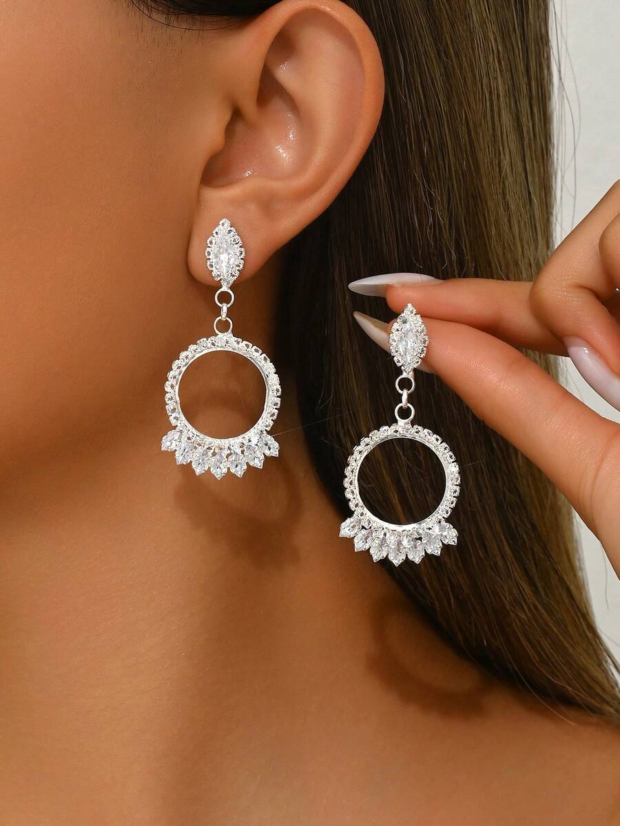 1 Par de Pendientes Colgantes de Círculo Hueco con Rhinestone de Estilo Geométrico Exagerado Europeo y Americano, Adecuados para Eventos Formales