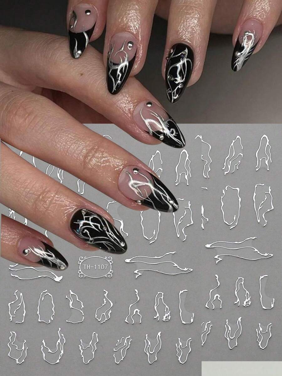 2 piezas Calcomanías para arte de uñas con líneas irregulares plateadas con láser, diseños geométricos hologtráficos bronceados, decoraciones tipo Y2K para puntas francesas, adhesivos de decoración de uñas de Halloween