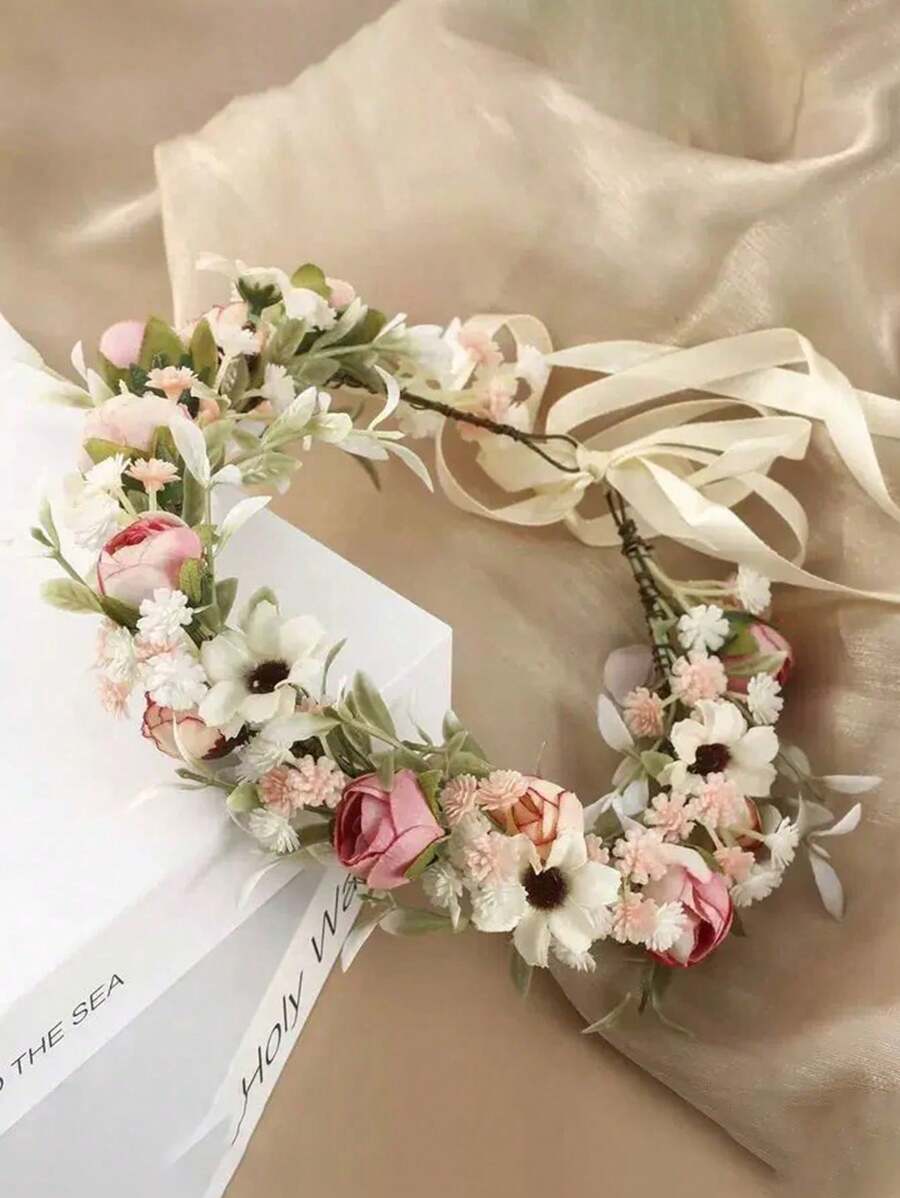 1 pieza Corona de flor de rosa de tela sintética, estilo europeo y estadounidense, para niña, diadema floral fresca y romántica, adecuada para niña de las flores, dama de honor, boda, actuación en el escenario, viaje, resort de playa, regalo