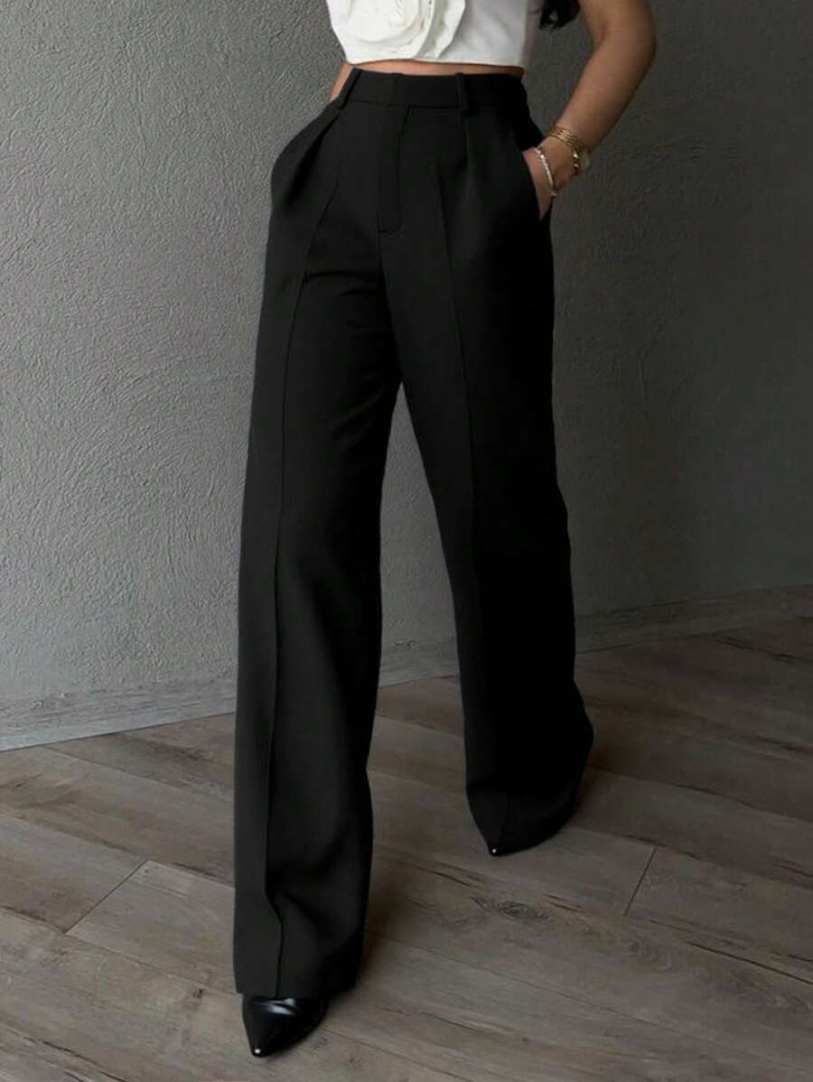 Pantalon droit noir unicolore, élégant et décontracté, idéal pour le bureau et les déplacements. Convient à une utilisation quotidienne, pour le trajet et le bureau.