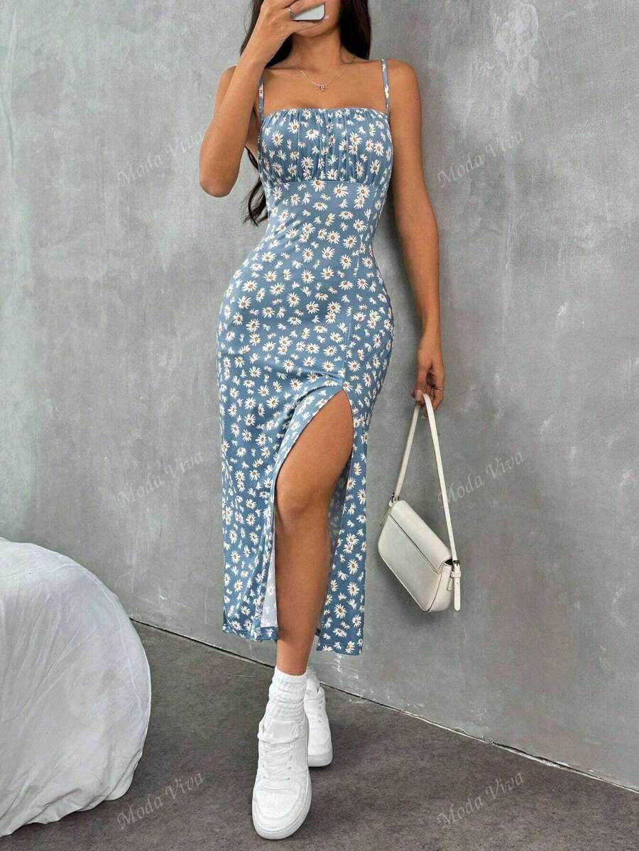 Vestidos casuales para mujer con estampado completo, corte midi, abertura lateral y tirantes finos – estilo moderno y fresco tipo camisola para verano
