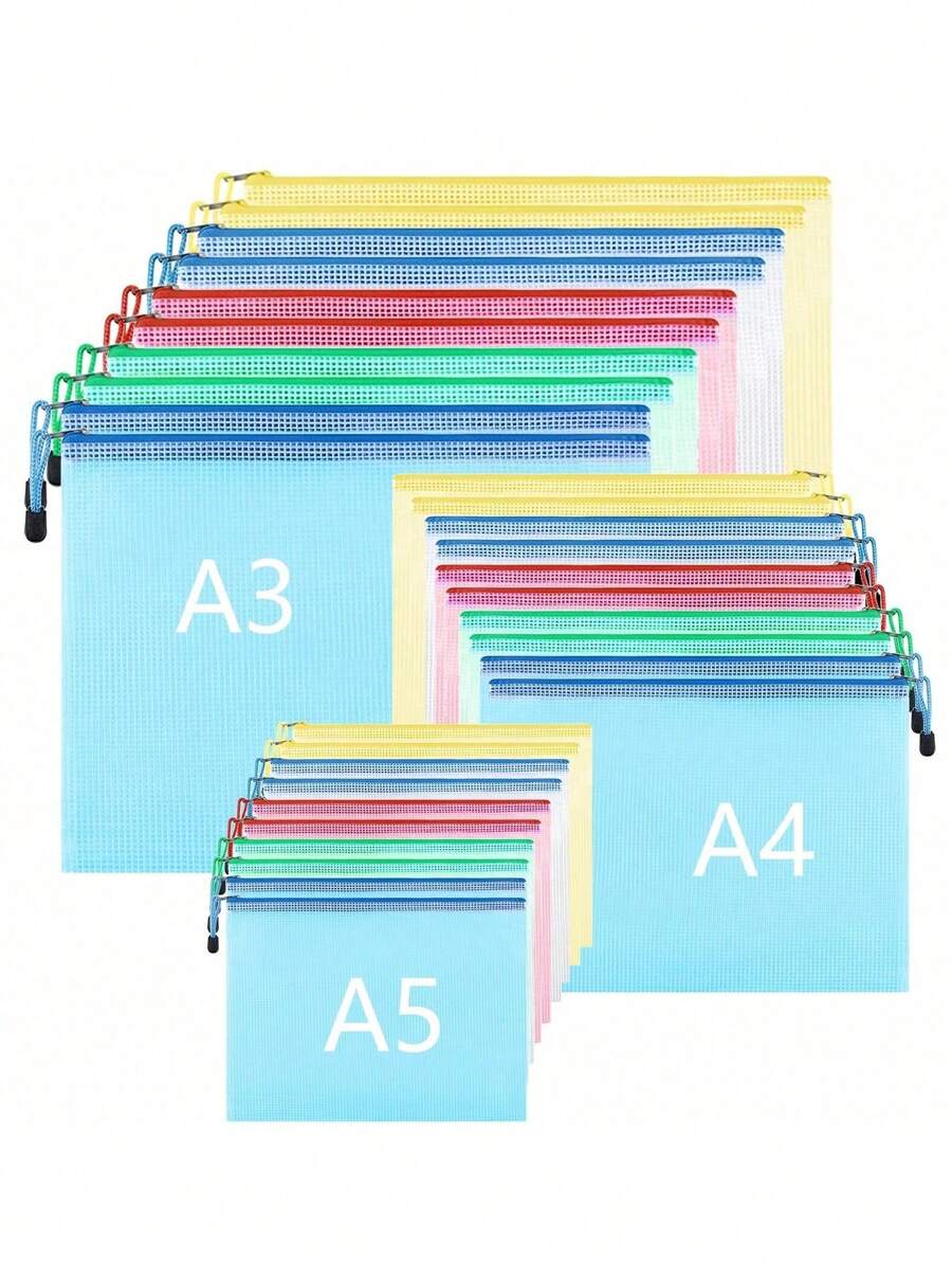 3 pezzi Borse a rete con zip a 5 colori, misure A3/A4/A5, borse porta zip di varie dimensioni, borse con zip impermeabili per conservazione, documenti, biglietti, cartoleria, elaborati d'esame, quaderni (colori casuali), per il ritorno a scuola, forniture scolastiche
