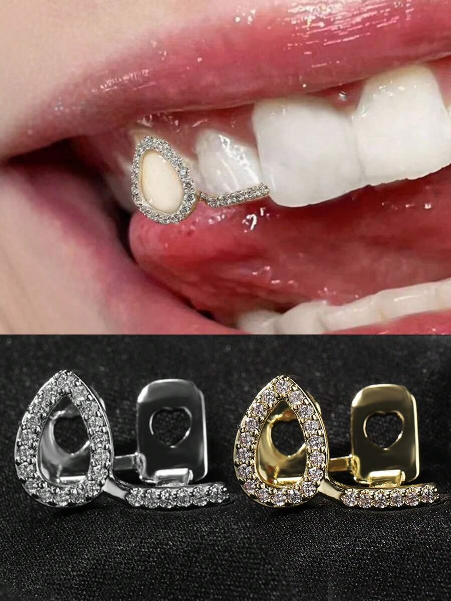 1 pieza Grilletes de dientes con incrustación de gota de agua hueca, empalme de doble pieza, joyería de diente lateral de estilo hip-hop, adecuado para uso diario