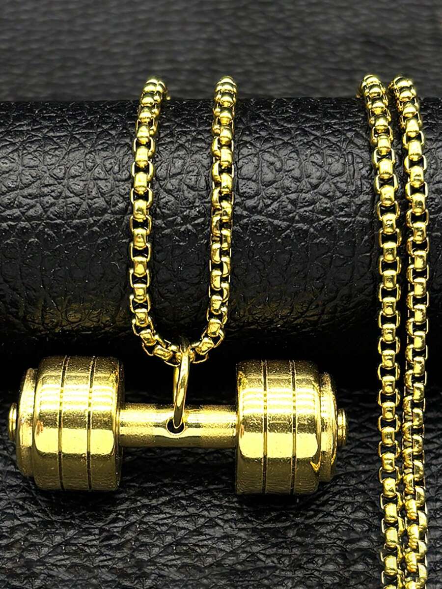 Colar com pingente de haltere fitness hip pop, masculino e feminino, em aço inoxidável, dourado, com pingente de rapper, joia esportiva, presente
