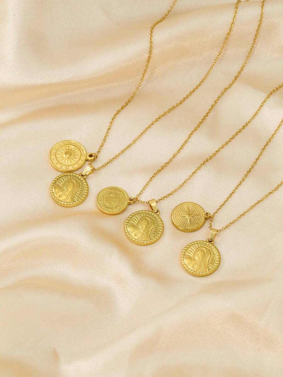 1pc Stainless Steel Gold Plated Virgin Mary Cross & Sparkle Sun Pendant Necklace For Women, Versatile Daily & Festive Wear Jewelry