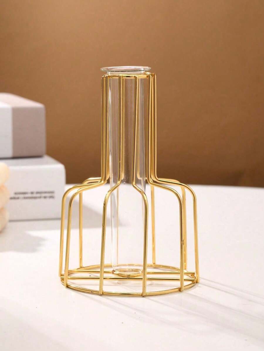 1pc Plain Flower Vase, Gold Iron Modern Vase, With Glass Tube, For Living Room Home Decor,Home Decor,Flower Vase,Centerpiece,Table Decor Rama Decoration