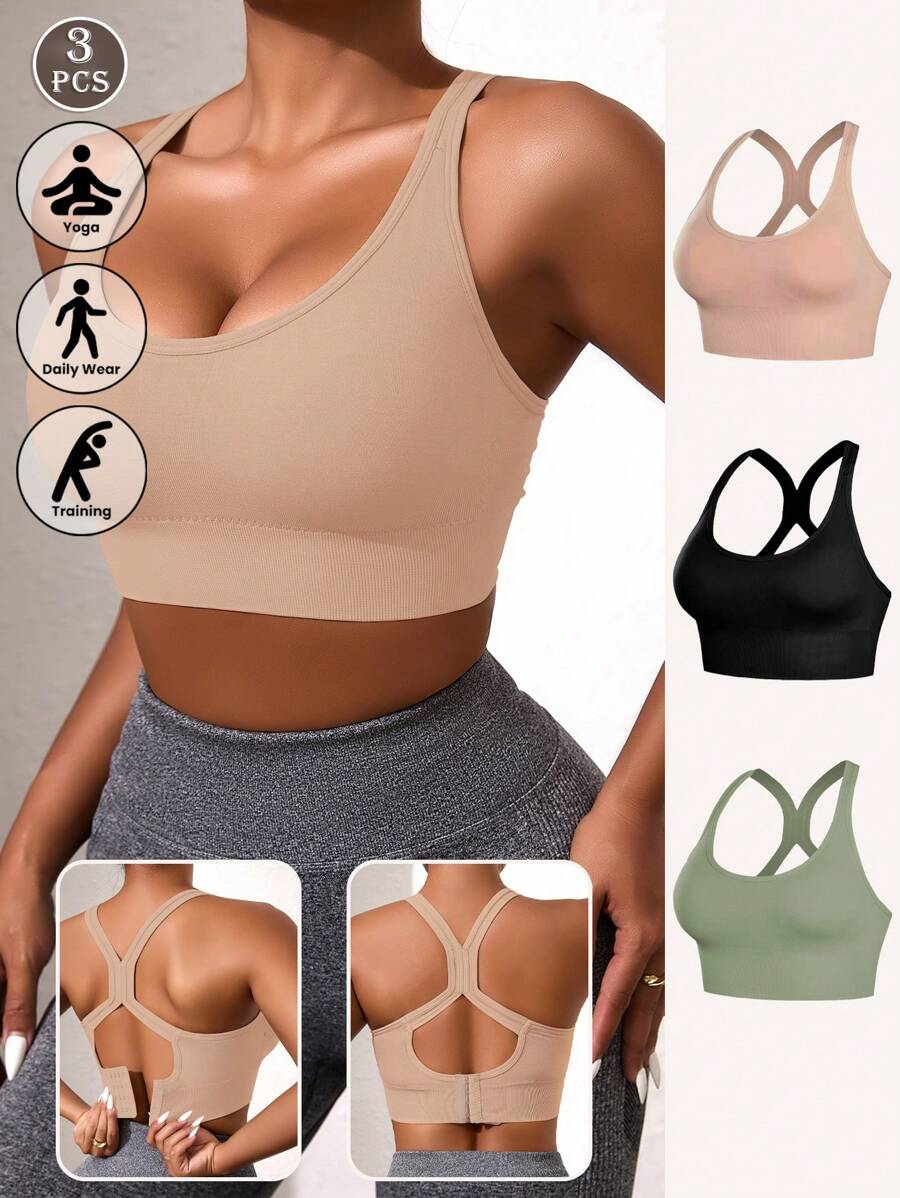 Juego de 3 sostenes deportivos de mujer en negro, azul y rosa con espalda con forma de cruz, cómodos para usar en casa y al aire libre, con sujeción, transpirables y cómodos, sostenes con push up sexy, ropa interior deportiva, top de yoga, sujetador sin aros, lencería para el gimnasio