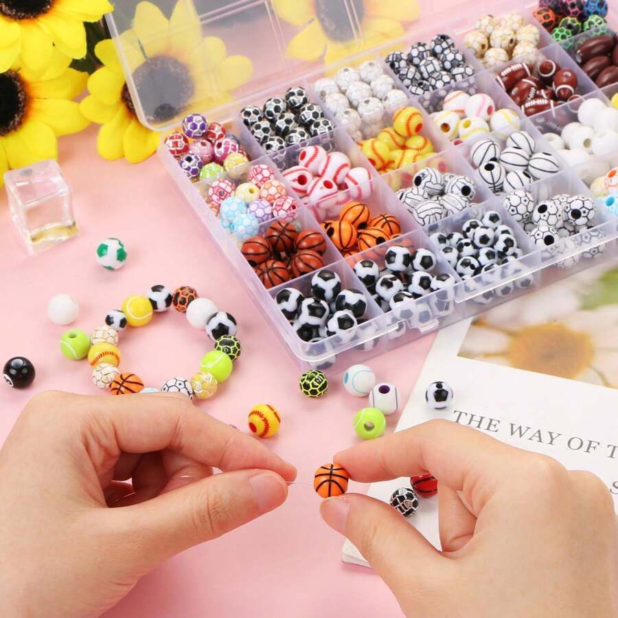 1 Box Sports Ball Beads For DIY Jewelry Making, Acrylic Tiny Baseball Basketball Soccer Football Volleyball Beads For Bracelets Keychains Necklaces Crafting, Sports Beads