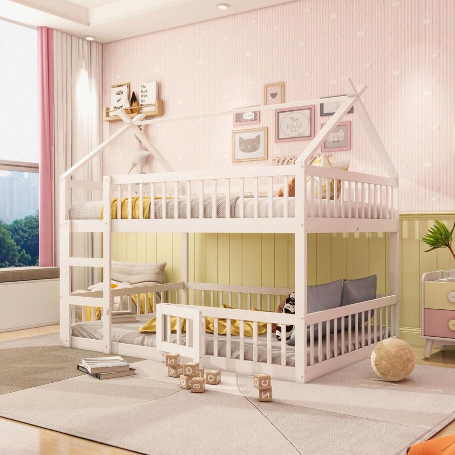 okwish Letto a castello con scala, letto a soppalco con protezione anticaduta, letto in legno massello, struttura per letto per bambini con rete a doghe (letto inferiore senza rete a doghe), bianco/grigio
