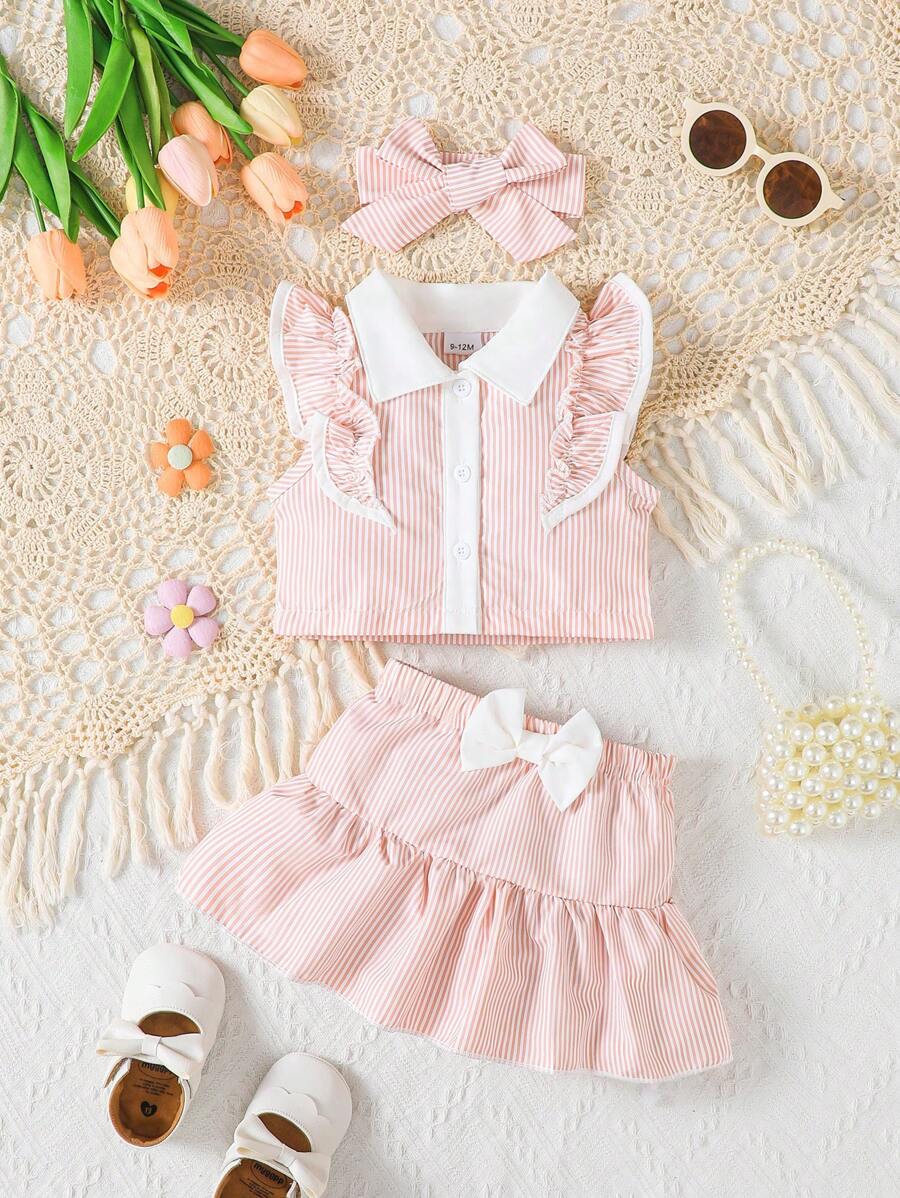 2pcs Baby Girls Casual Cap Sleeve Striped Panel Shirt With Bowknot Skirt Outfits, Including Headband