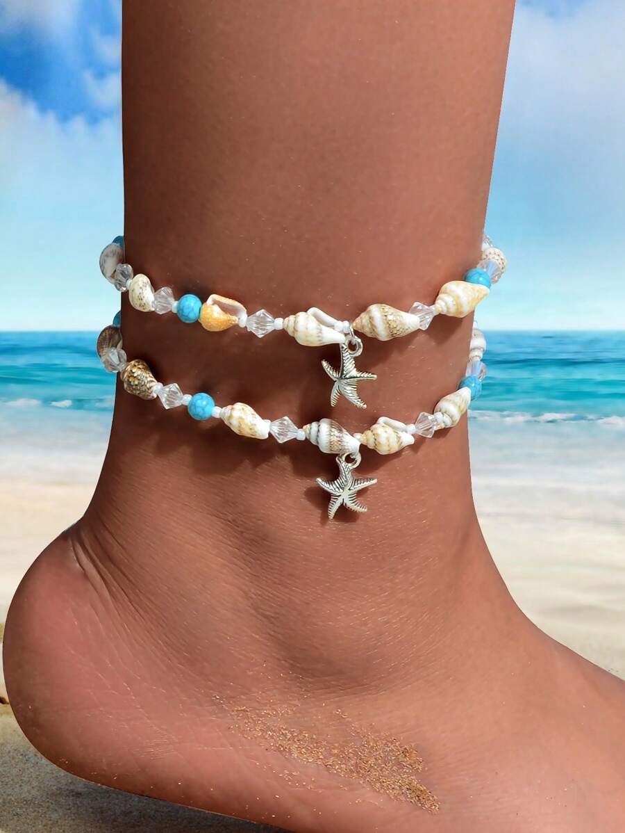 2 Stück Sommer Strand Accessoires handgefertigte Muschelperlen Kette Seestern Charm Fußkettchen Urlaubs Party verstellbarer Fußschmuck