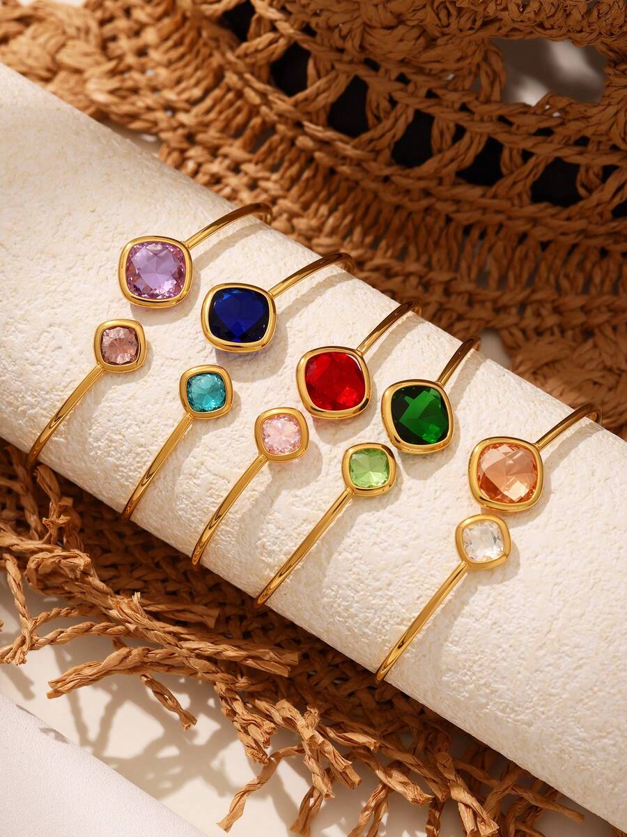 1pc Faceted Czech Glass Bangle Bracelet, Minimalist Luxury Stainless Steel Simple Ring Jewelry Bracelet For Women, Summer Accessories