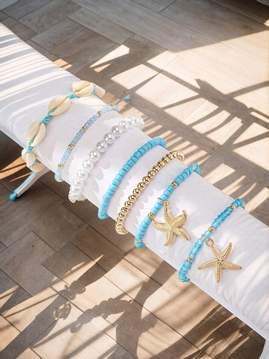 Tropiscape Set de 7 Piezas de Pulseras de Estilo Bohemio con Conchas, Estrellas de Mar y Cuentas para Mujer, Ideal para Vacaciones de Verano, Vibes de Playa
