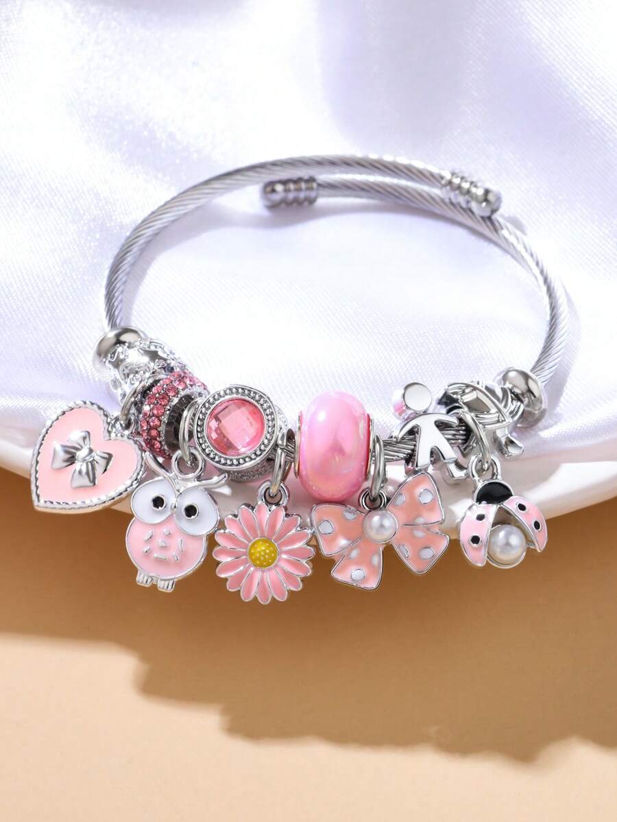 1 pieza Brazalete de mujer de acero inoxidable con cuentas, con colgantes de flor, lazo y mariquita, de moda