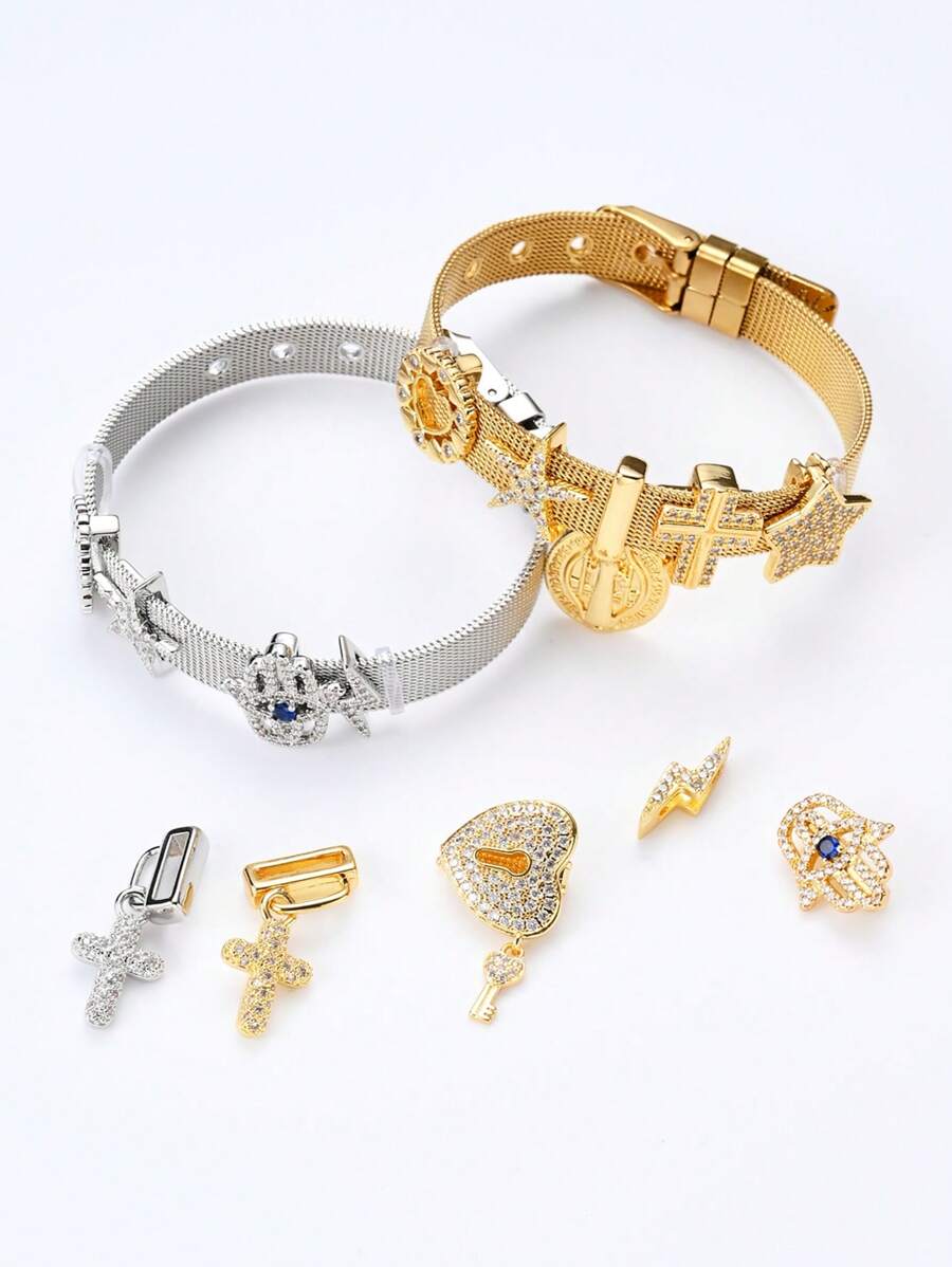 Pulseira com pingente de cruz e coração em pedra de zircônia multicolorida, 1/5/10 peças, faça você mesmo, acessórios para fazer joias, presente para família, casais e amigos