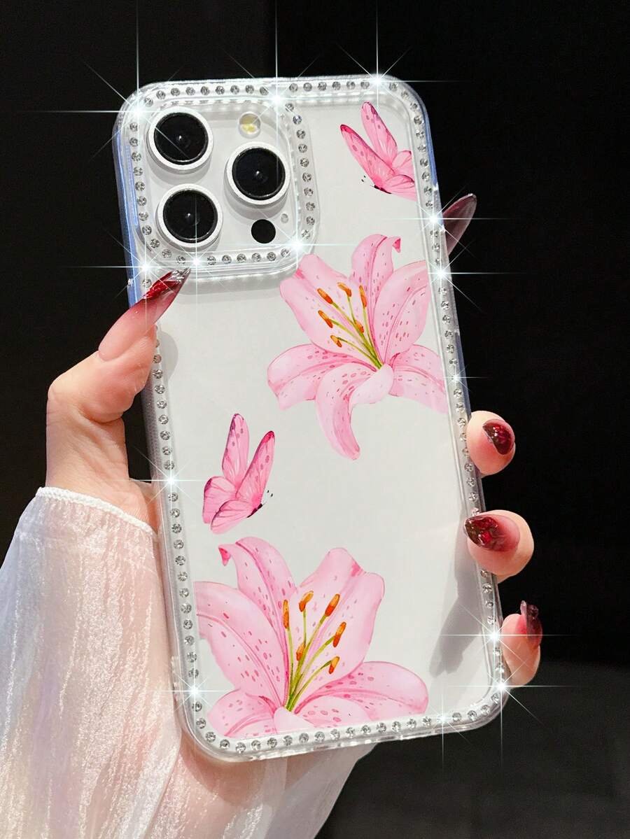 1 pieza Funda de teléfono de silicona suave transparente con estilo Ins con rhinestones, con patrón rosa Lily y mariposa, cubierta protectora brillante de pantalla completa compatible con I Max 11/12/13/1416 Pro Max/X/XXS/ XR/16E, adecuado para mujeres