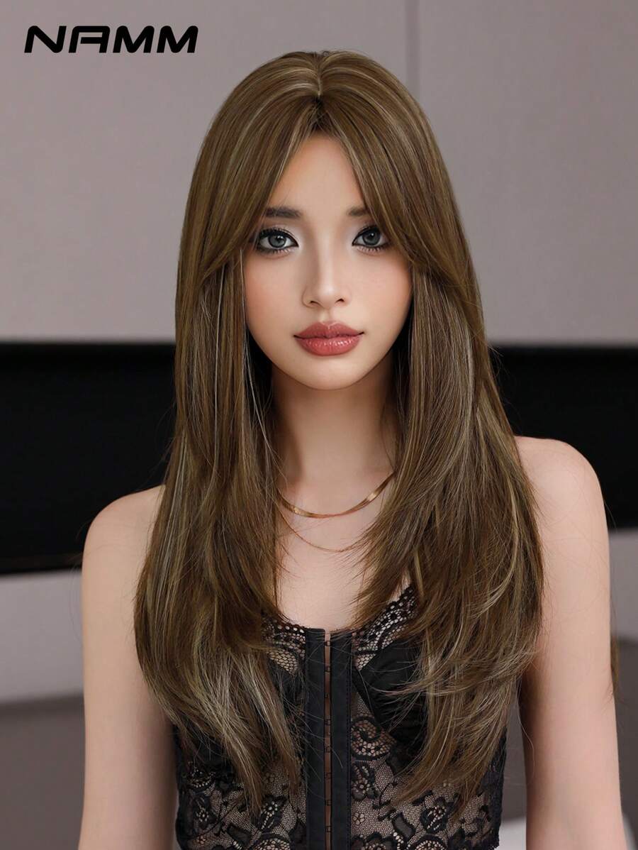 NAMM 24 Inch Elegant Long Layered Wig For Women Highlight Purple Synthetic Straight Wig With Curtain Bangs, High Quality Heat-Resistant Fiber Wigs For Daily Use&Music Festival Party & Mother's Day Gift
