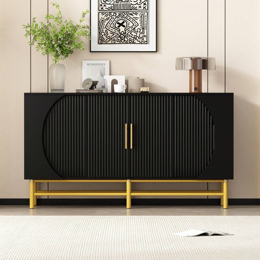 Sairedel Credenza moderna a quattro ante con strisce verticali e ripiani regolabili, unica e funzionale, ideale per soggiorno e sala da pranzo (nero)