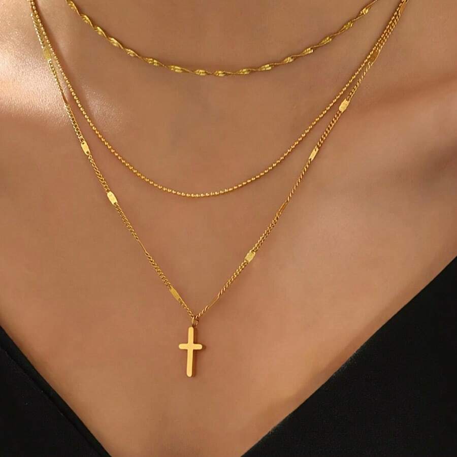 1 pieza Colgante de cruz multicapa de acero inoxidable chapado en oro de 18K, hipoalergénico y resistente a la decoloración, adecuado para uso diario, vacaciones, regalo de cumpleaños