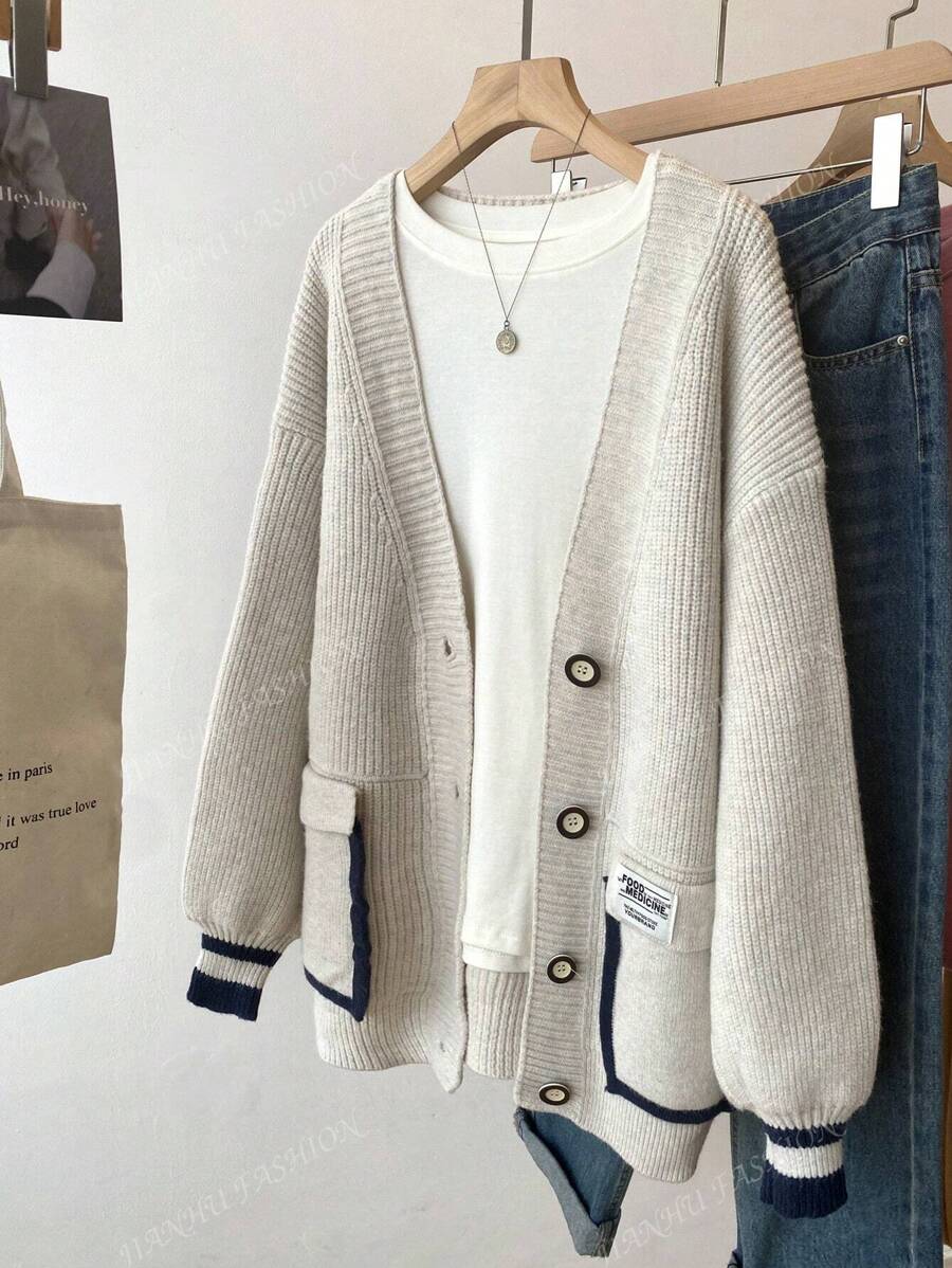 JIANHU Spring New Contrast Stitching Pocket Design Loose Knitted Cardigan Coat Simple Casual Versatile Women's Sweater