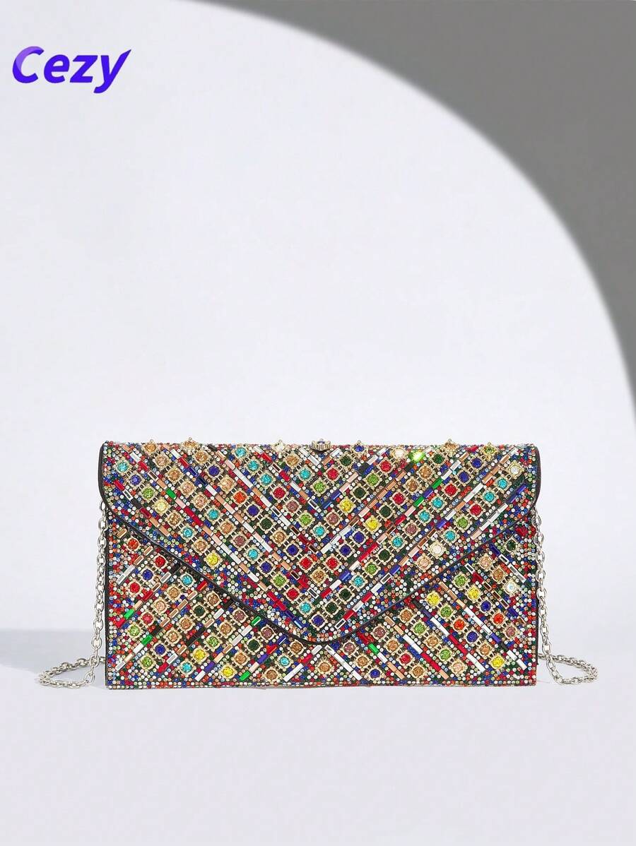 Cezy 1 pieza Bolso de mano con adorno de cristal de moda - Correa para el hombro desmontable - Cierre magnético - Forro de poliéster - Estilo brillante similar a diamantes para fiesta - Excelente regalo para mujeres