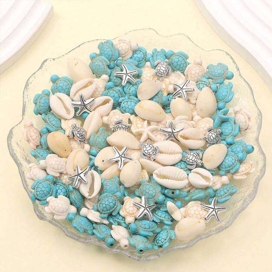 10/20/30pcs Artificial Turquoise Ocean Theme Beads, Turtle Pendant, Starfish Synthetic Turquoise Beads, Jewelry Alloy Beads DIY Bohemian Bracelet Necklace Ankle Set