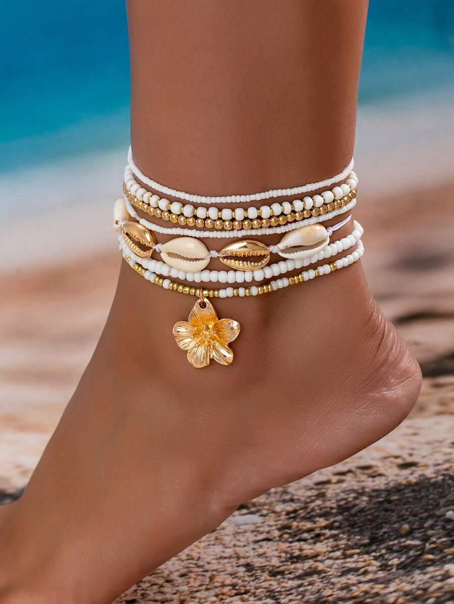 7pcs/Set Bohemian Beach Style Seashell Beaded Flower Anklet Set For Women
