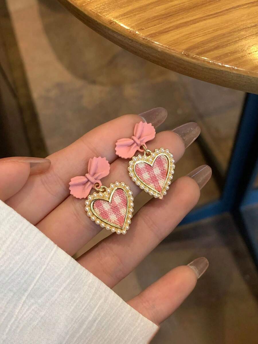 1 Pair Cute Faux Pearl Heart & Bow Plaid Stud Earrings, Simple Elegant Earrings For Women