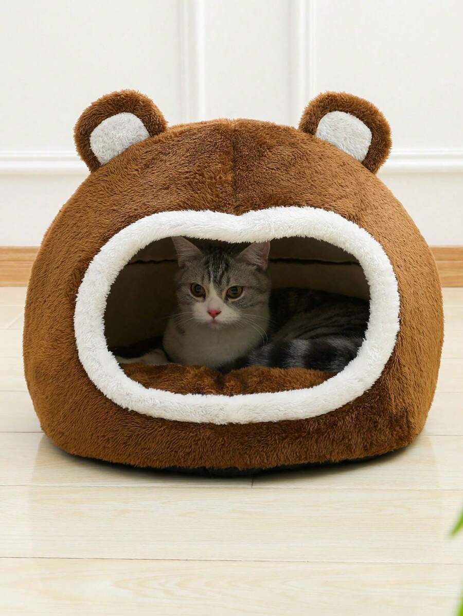 1 Peça Cama Fofa e Respirável de Pelúcia com Formato de Urso Fofo, Adequado para Gatos Pequenos e Médios, 4 Estações