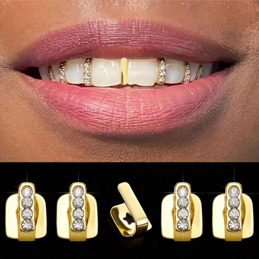 Set de 5 piezas de joyería dental de mujer con incrustaciones de dientes de cobre en estilo punk y hip hop, enchapado en oro de 14k, para combinar, fiestas, vacaciones y Halloween