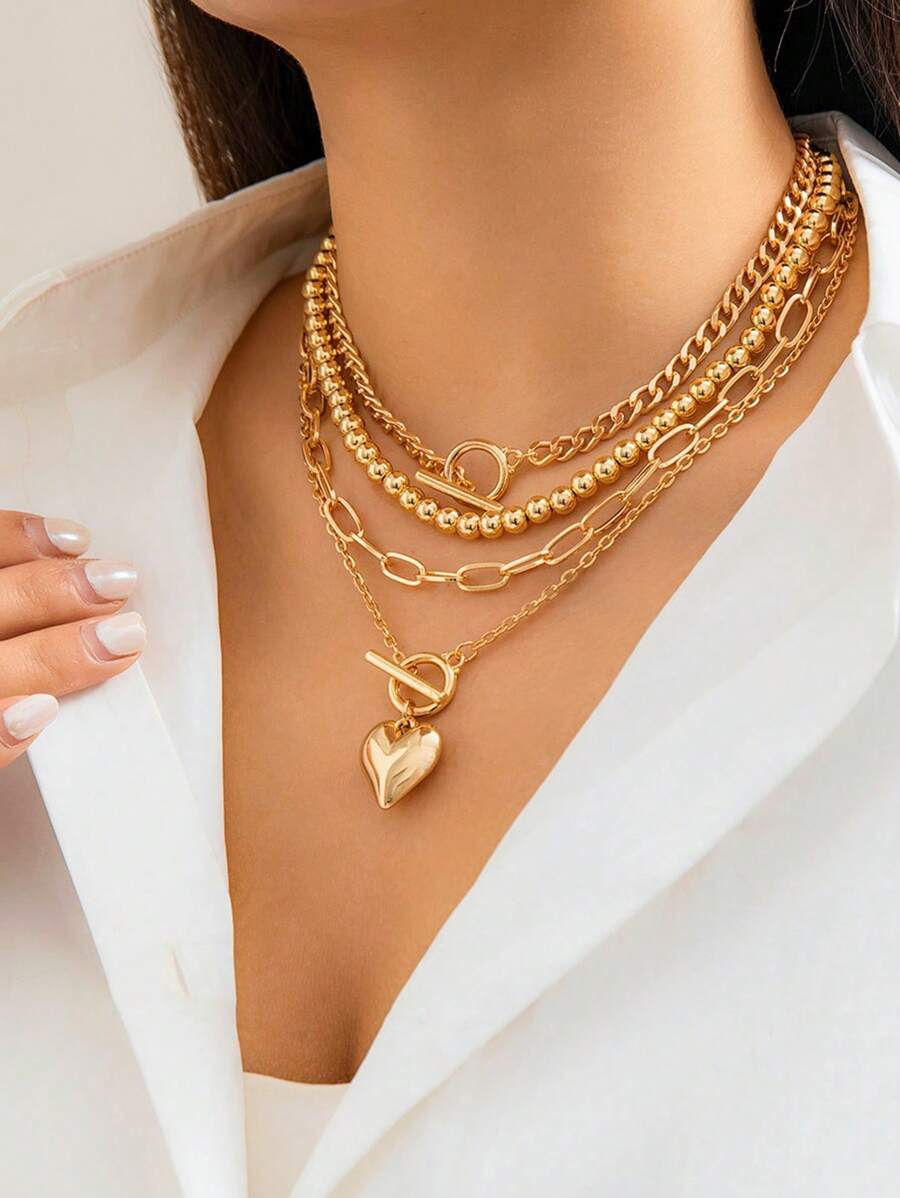 4pcs Women Layered Gold-Tone Necklaces, Including Thick Chain, Paperclip Chain, Vintage Coin & Medal Pendant, Heart Pendant, Non-Discolored, Suitable For Daily Wear And Party