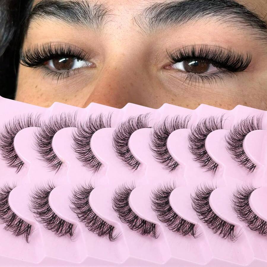 Eefofnn Natural Lashes Wispy False Eyelashes Cat Eye Lashes 8-14mm Thin Short Eyelashes Flared Clear Band Fake Lashes D-Curly Volume Strip Lashes Pestañas Postizas Naturales 7 Pairs Pack
