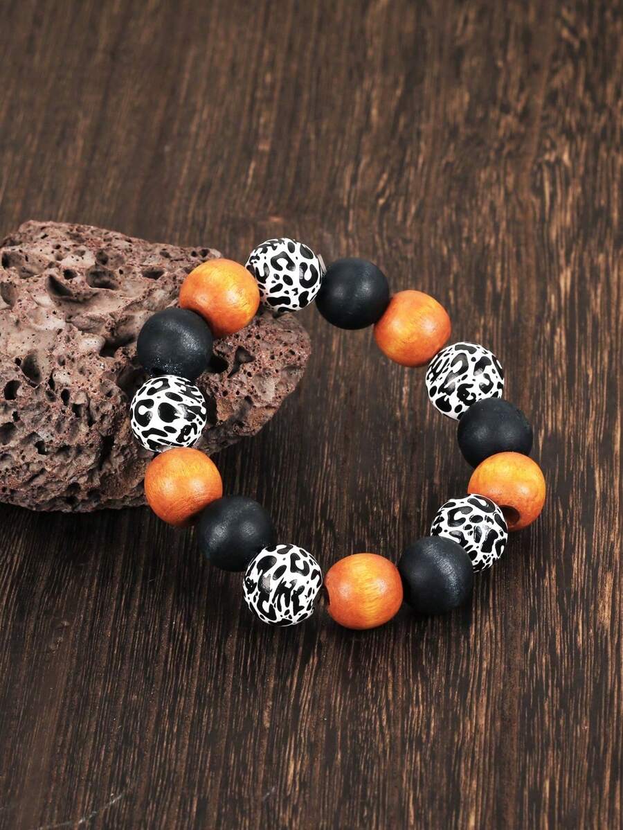 Pulseira de contas de madeira laranja de Halloween, 1 peça, presente para casal, presente para mulher, presente para amiga, presente para melhor amiga, com elasticidade